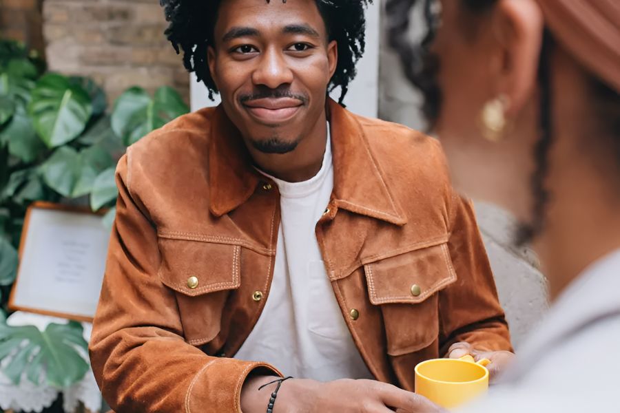 Infinity at Centerville Crossing with Man in a brown jacket smiles while holding a yellow mug, sitting at a table with another person.