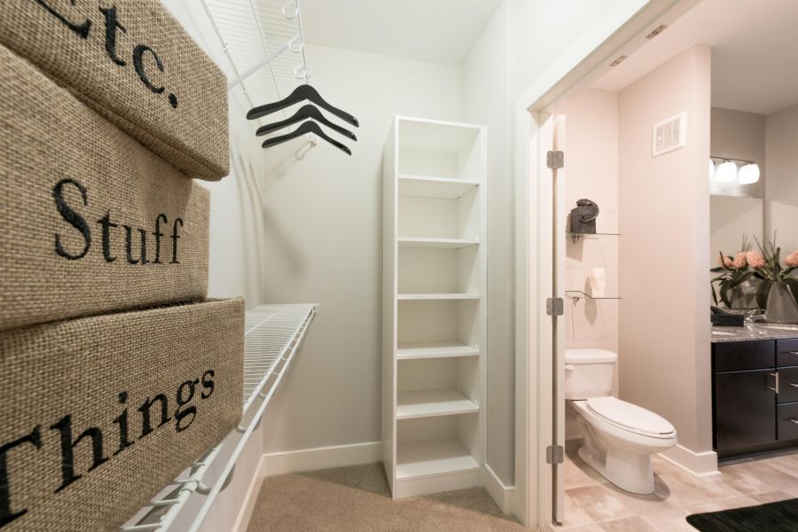 Infinity-at-Centerville-Crossing Closet with labeled storage bins, empty shelves, hangers, and view into a bathroom with a toilet and sink.