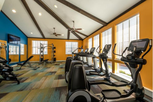 Infinity at Centerville Crossing Modern gym with cardio machines, weight racks, benches, and large windows letting in natural light.